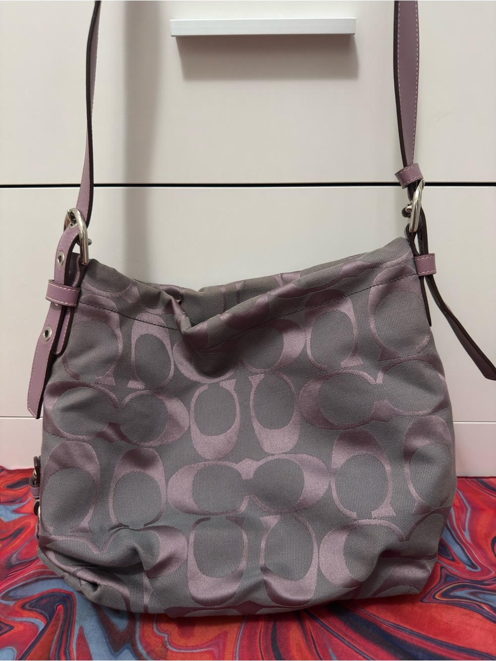 Vintage Coach Madison Optic Art Sateen Lilac Lavender Crossbody Hobo Bag F15067